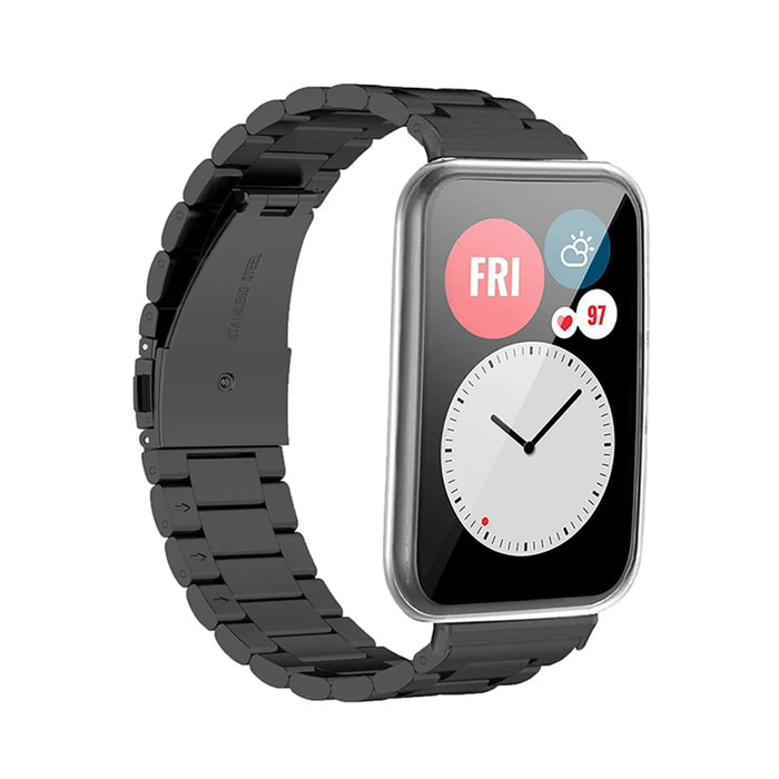 Stainless Steel Watch Strap for Huawei Watch Fit 2, Folding Buckle Three Beads Replacement Wrist Band - Black - 2