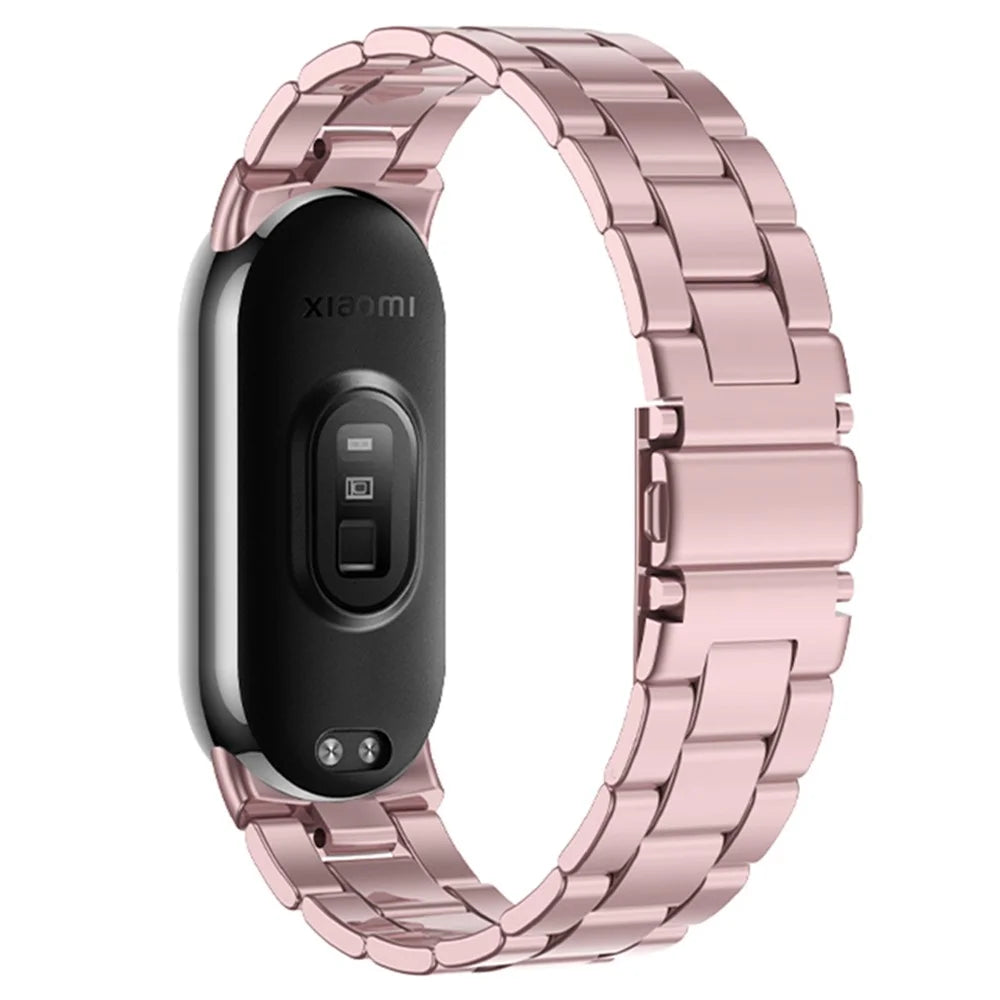 For Xiaomi Smart Band 9 NFC / 9 / 8 NFC / 8 3 Beads Smart Watch Metal Band Replacement Wrist Strap - Rose Pink - 1