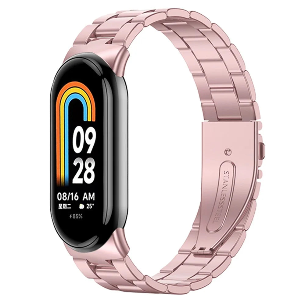 For Xiaomi Smart Band 9 NFC / 9 / 8 NFC / 8 3 Beads Smart Watch Metal Band Replacement Wrist Strap - Rose Pink - 4