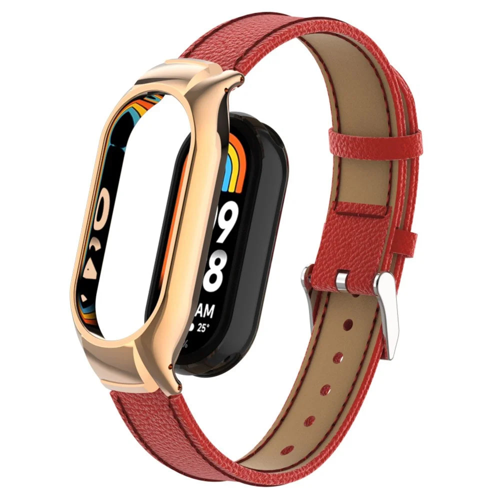 For Xiaomi Smart Band 8 Watch Band Genuine Cow Leather Sports Strap with Metal Frame Case - Red - 1