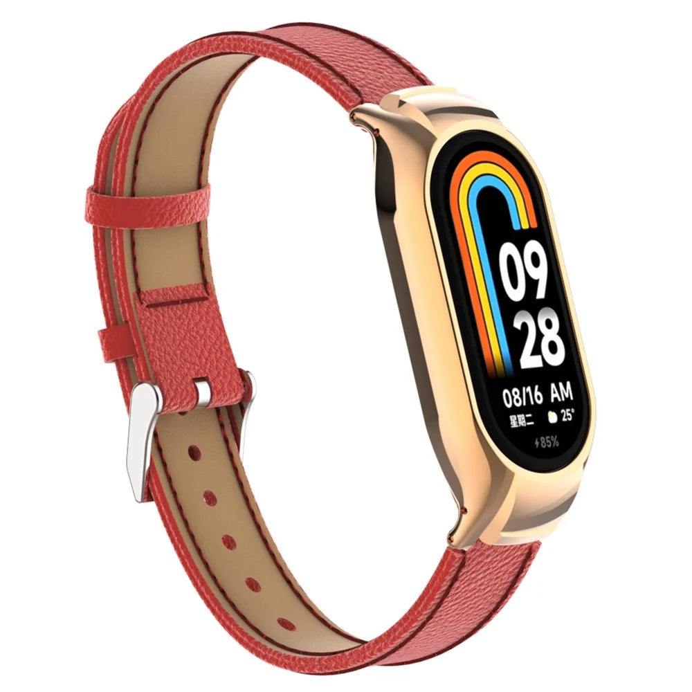 For Xiaomi Smart Band 8 Watch Band Genuine Cow Leather Sports Strap with Metal Frame Case - Red - 2