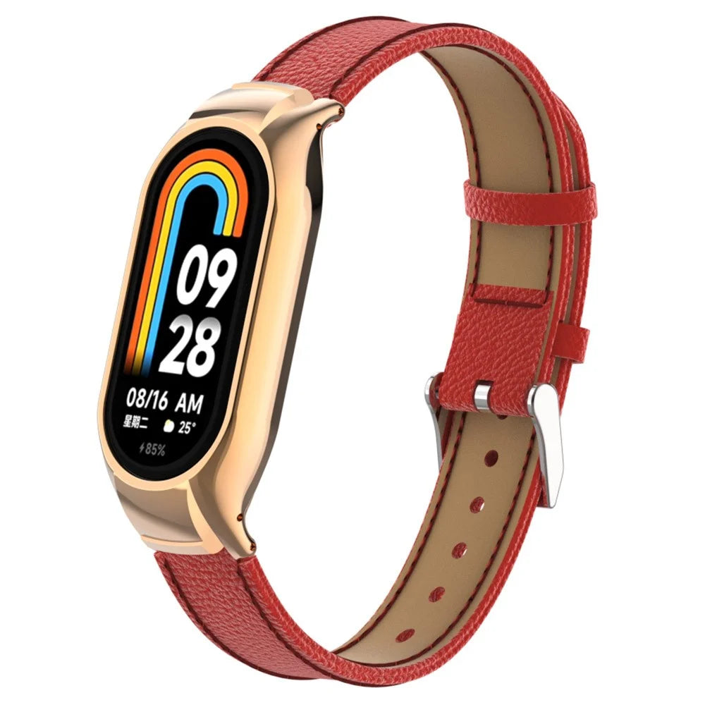 For Xiaomi Smart Band 8 Watch Band Genuine Cow Leather Sports Strap with Metal Frame Case - Red - 3