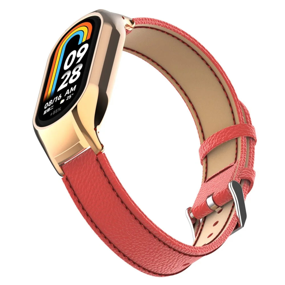 For Xiaomi Smart Band 8 Watch Band Genuine Cow Leather Sports Strap with Metal Frame Case - Red - 4