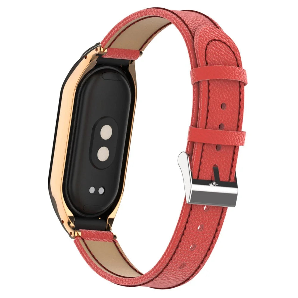 For Xiaomi Smart Band 8 Watch Band Genuine Cow Leather Sports Strap with Metal Frame Case - Red - 5