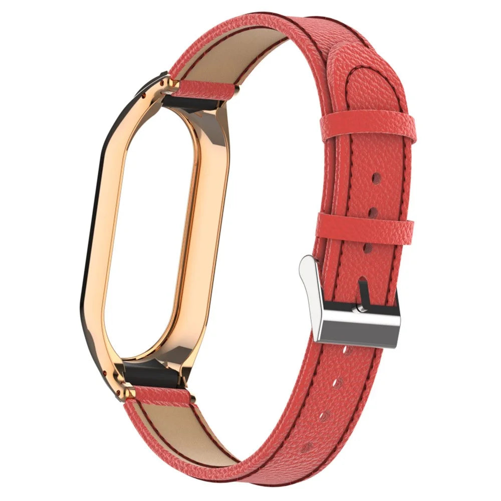 For Xiaomi Smart Band 8 Watch Band Genuine Cow Leather Sports Strap with Metal Frame Case - Red - 6