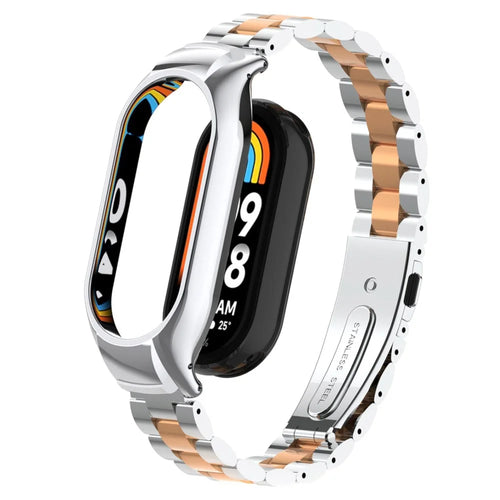 For Xiaomi Smart Band 8 Metal Watch Band 3-Bead Strap Replacement with Watch Case - Silver Rose Gold - 1