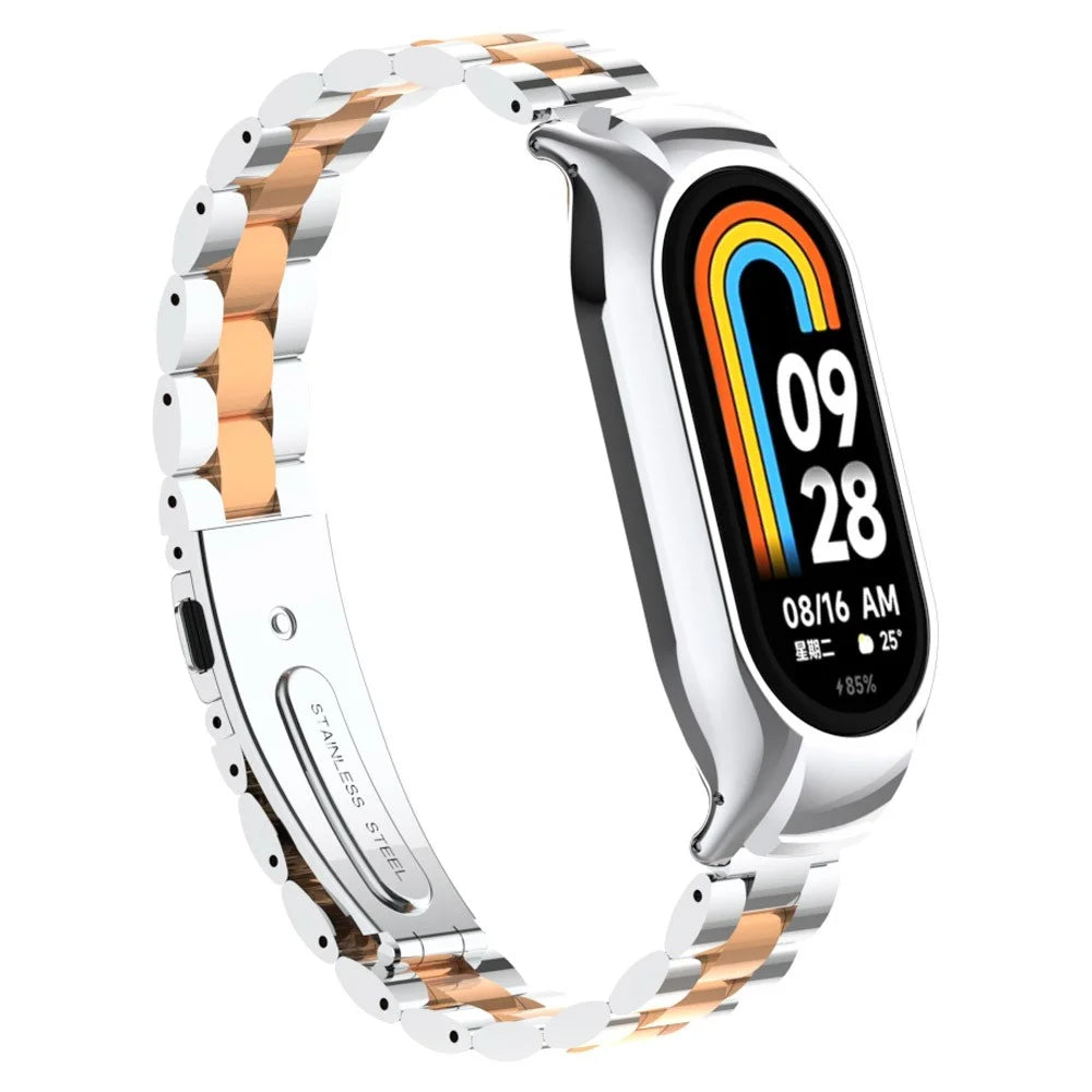 For Xiaomi Smart Band 8 Metal Watch Band 3-Bead Strap Replacement with Watch Case - Silver Rose Gold - 2