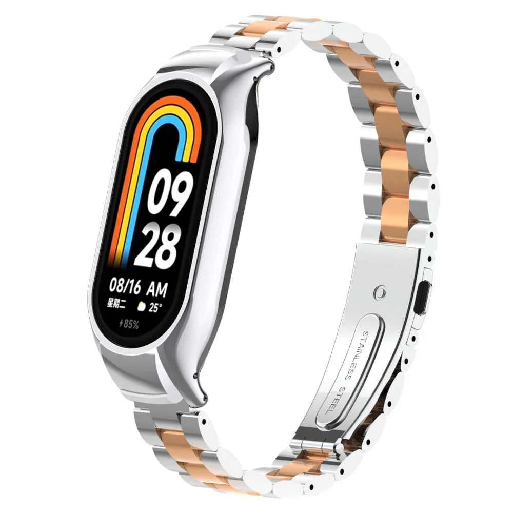 For Xiaomi Smart Band 8 Metal Watch Band 3-Bead Strap Replacement with Watch Case - Silver Rose Gold - 3