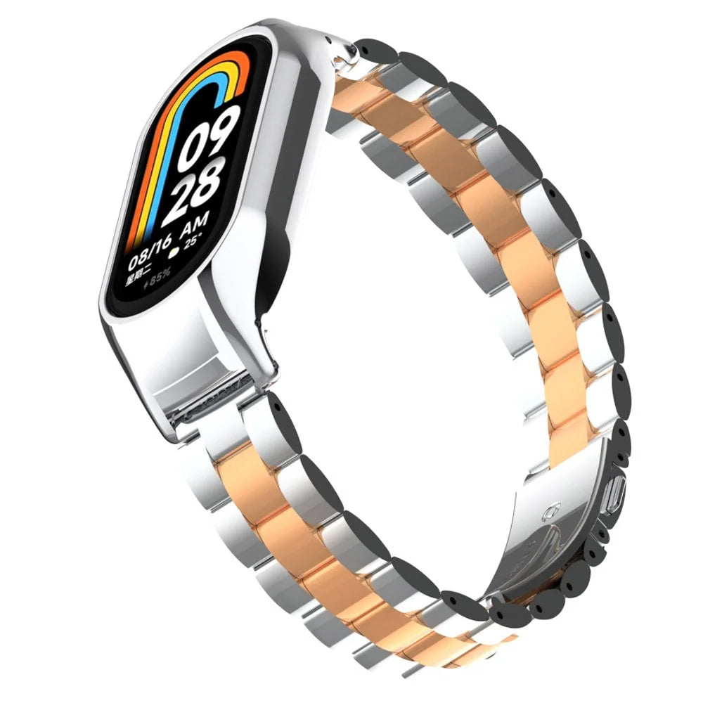 For Xiaomi Smart Band 8 Metal Watch Band 3-Bead Strap Replacement with Watch Case - Silver Rose Gold - 4