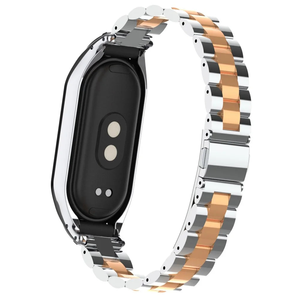 For Xiaomi Smart Band 8 Metal Watch Band 3-Bead Strap Replacement with Watch Case - Silver Rose Gold - 5