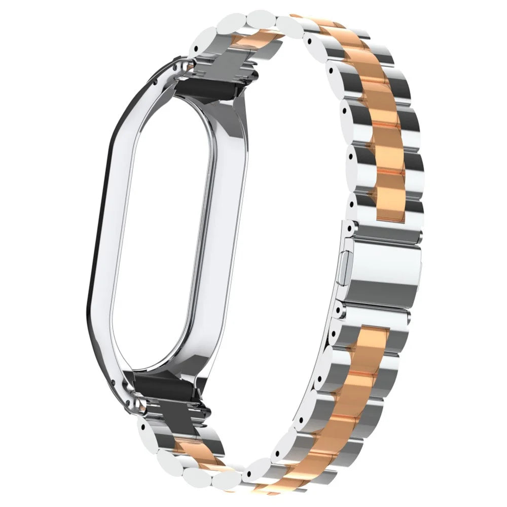 For Xiaomi Smart Band 8 Metal Watch Band 3-Bead Strap Replacement with Watch Case - Silver Rose Gold - 6