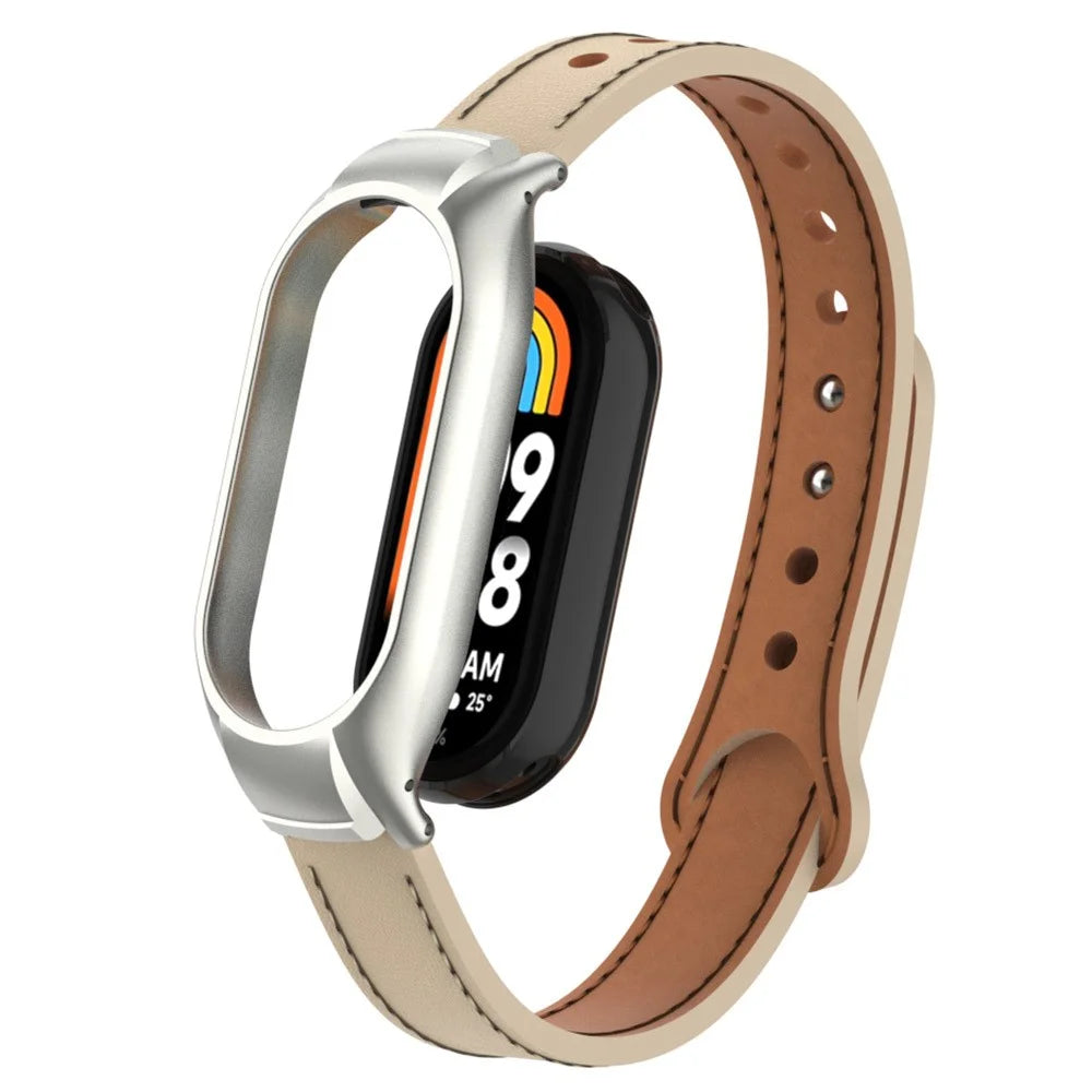 For Xiaomi Smart Band 8 Microfiber Leather Watch Band Soft Strap with Metal Frame Case - Apricot - 1