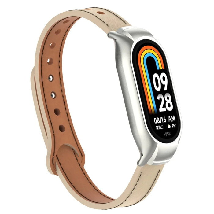 For Xiaomi Smart Band 8 Microfiber Leather Watch Band Soft Strap with Metal Frame Case - Apricot - 2