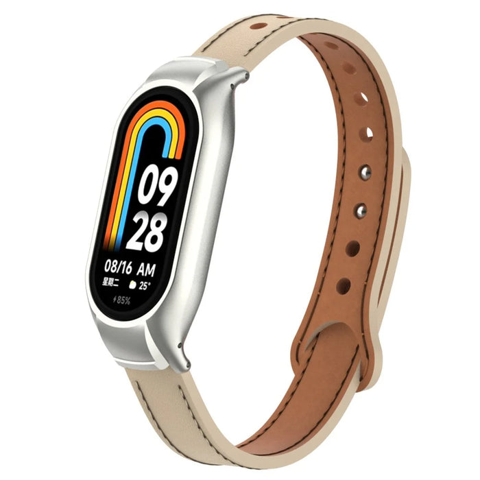 For Xiaomi Smart Band 8 Microfiber Leather Watch Band Soft Strap with Metal Frame Case - Apricot - 3