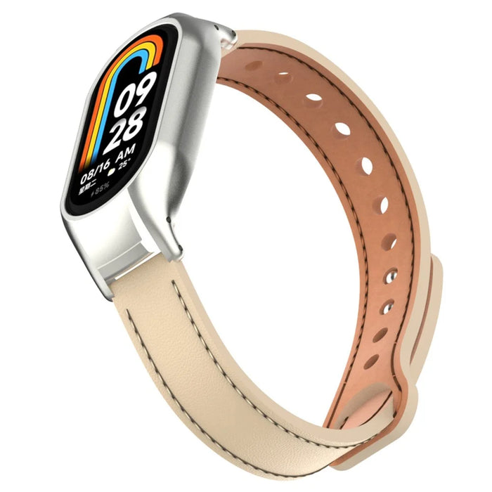 For Xiaomi Smart Band 8 Microfiber Leather Watch Band Soft Strap with Metal Frame Case - Apricot - 4