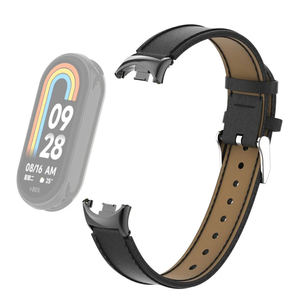 For For Xiaomi Smart Band 9 NFC / Band 9 / Band 8 NFC / Band 8 Watch Strap Leather Watch Band Bracelet with Connector - Black - 1