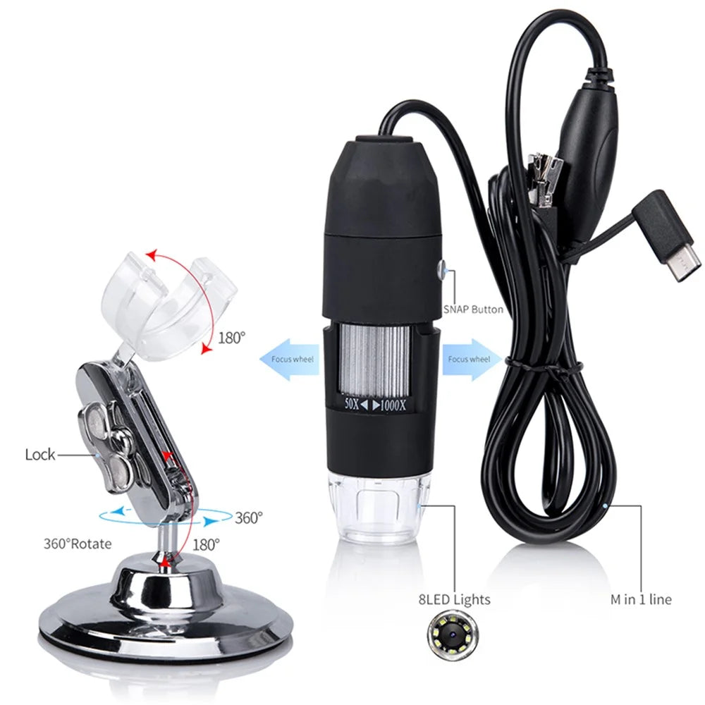 Digital Microscope 3-in-1 USB Endoscope 50X-1000X Magnification 8-LED Mini Camera for Mac Window Android - 4