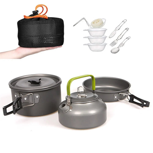 HALIN Outdoor Camping Picnic Pot + Pan + Teapot Cookware Set for 2-3 People - 1