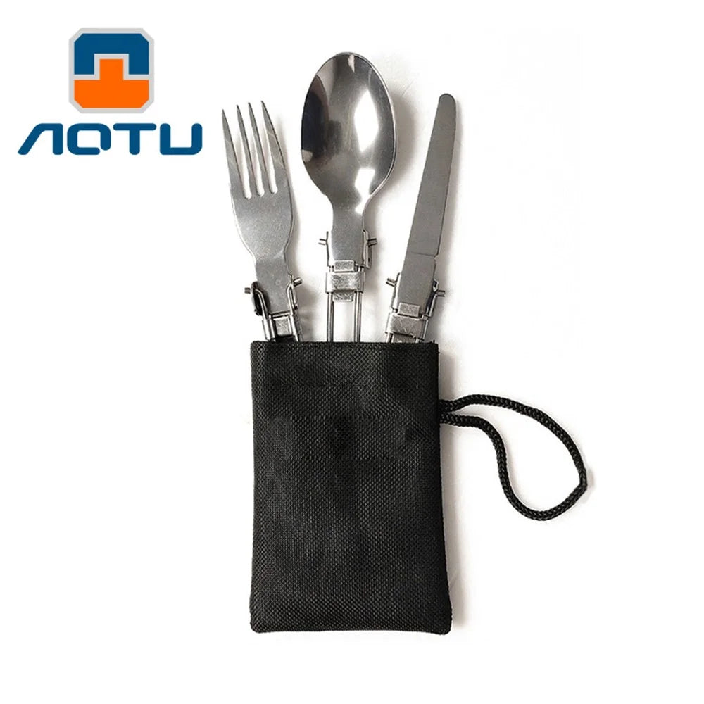 AOTU AT6387 Outdoors Stainless Steel Foldable Knife + Fork + Spoon 3-in-1 Set for Camping, Hiking etc. - 1