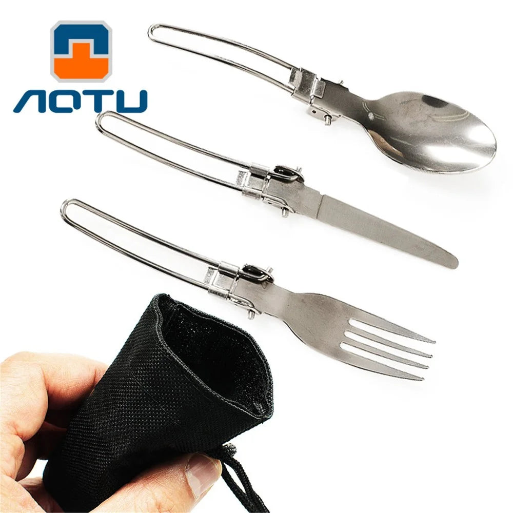 AOTU AT6387 Outdoors Stainless Steel Foldable Knife + Fork + Spoon 3-in-1 Set for Camping, Hiking etc. - 2