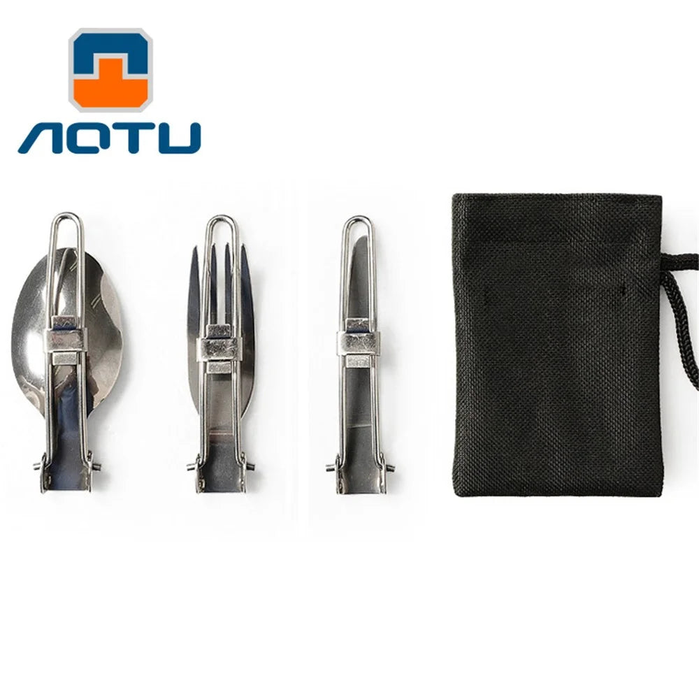 AOTU AT6387 Outdoors Stainless Steel Foldable Knife + Fork + Spoon 3-in-1 Set for Camping, Hiking etc. - 3
