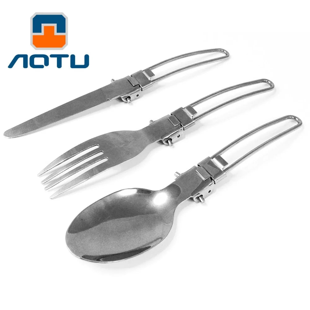 AOTU AT6387 Outdoors Stainless Steel Foldable Knife + Fork + Spoon 3-in-1 Set for Camping, Hiking etc. - 4
