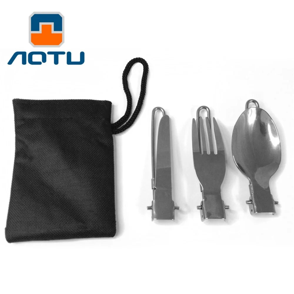 AOTU AT6387 Outdoors Stainless Steel Foldable Knife + Fork + Spoon 3-in-1 Set for Camping, Hiking etc. - 5