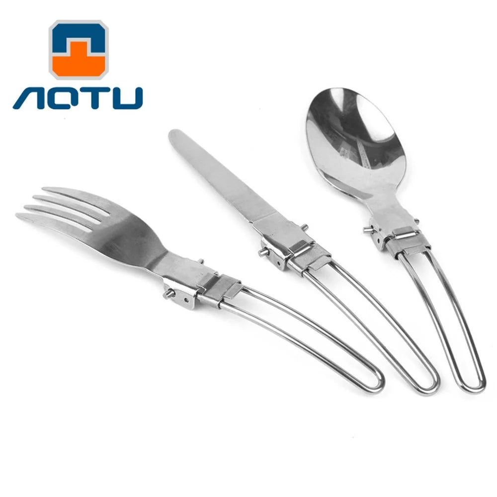 AOTU AT6387 Outdoors Stainless Steel Foldable Knife + Fork + Spoon 3-in-1 Set for Camping, Hiking etc. - 6