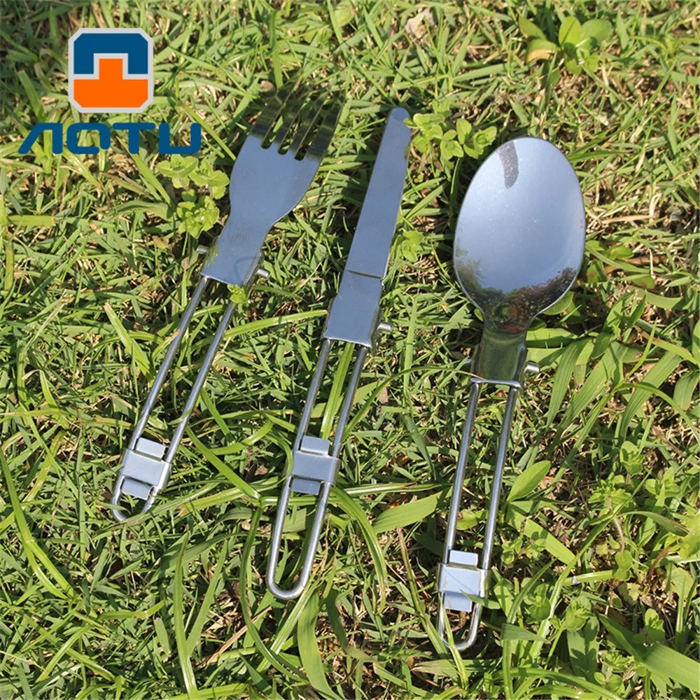 AOTU AT6387 Outdoors Stainless Steel Foldable Knife + Fork + Spoon 3-in-1 Set for Camping, Hiking etc. - 7