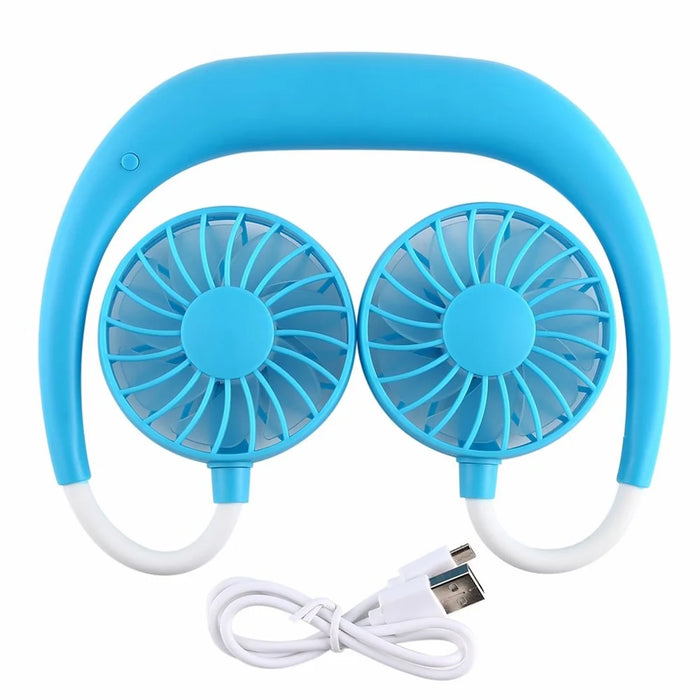 Wearable Neckband Mini Dual-Fans 3 Wind Speeds Adjustable USB Rechargeable - Blue - 2