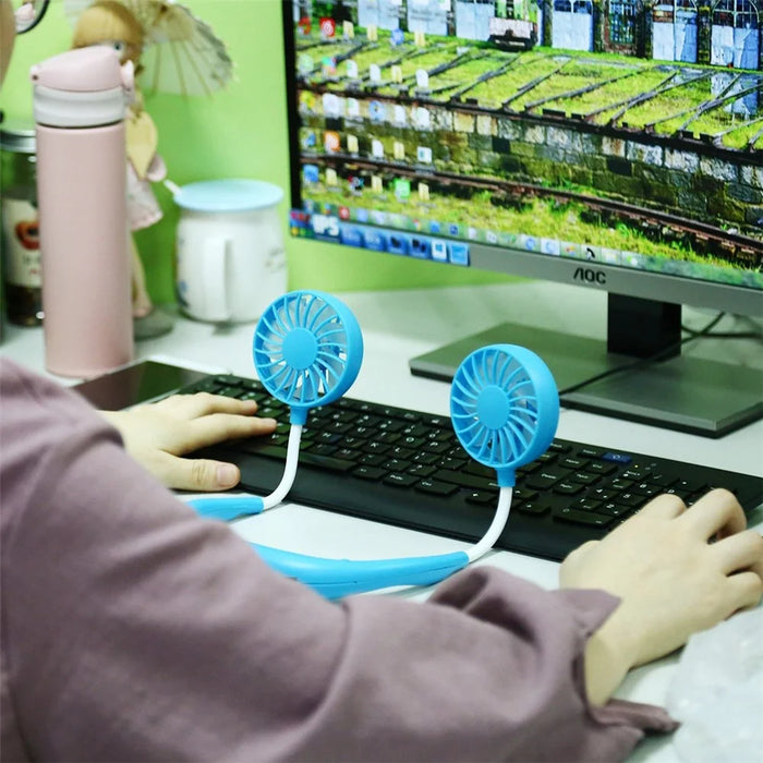 Wearable Neckband Mini Dual-Fans 3 Wind Speeds Adjustable USB Rechargeable - Blue - 5