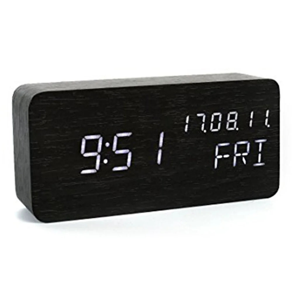 GREEN TIME LED Smart Voice Control Wood Alarm Clock with Calendar Temperature Time Display - Black - 1