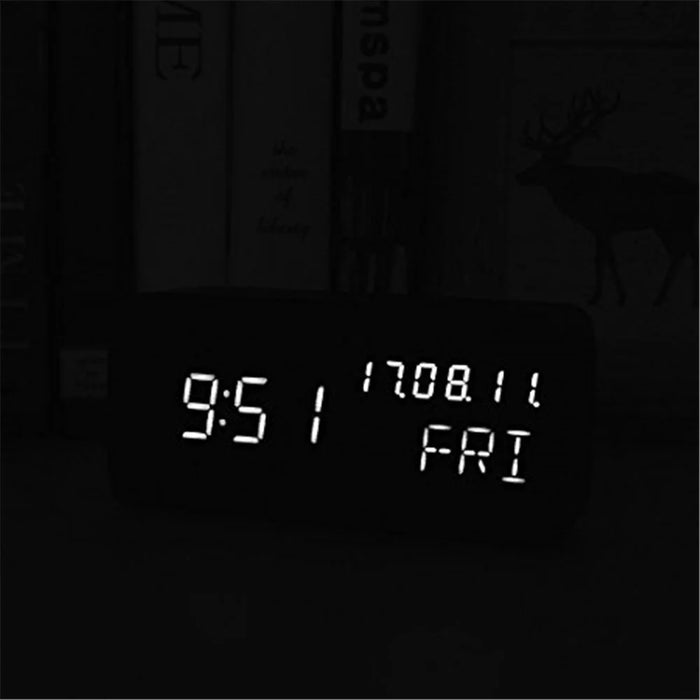 GREEN TIME LED Smart Voice Control Wood Alarm Clock with Calendar Temperature Time Display - Black - 2