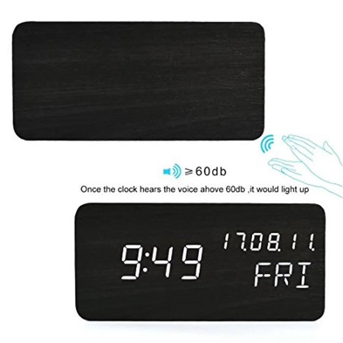 GREEN TIME LED Smart Voice Control Wood Alarm Clock with Calendar Temperature Time Display - Black - 3