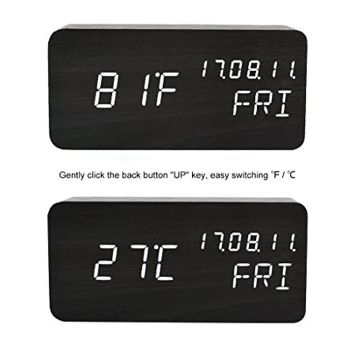 GREEN TIME LED Smart Voice Control Wood Alarm Clock with Calendar Temperature Time Display - Black - 4