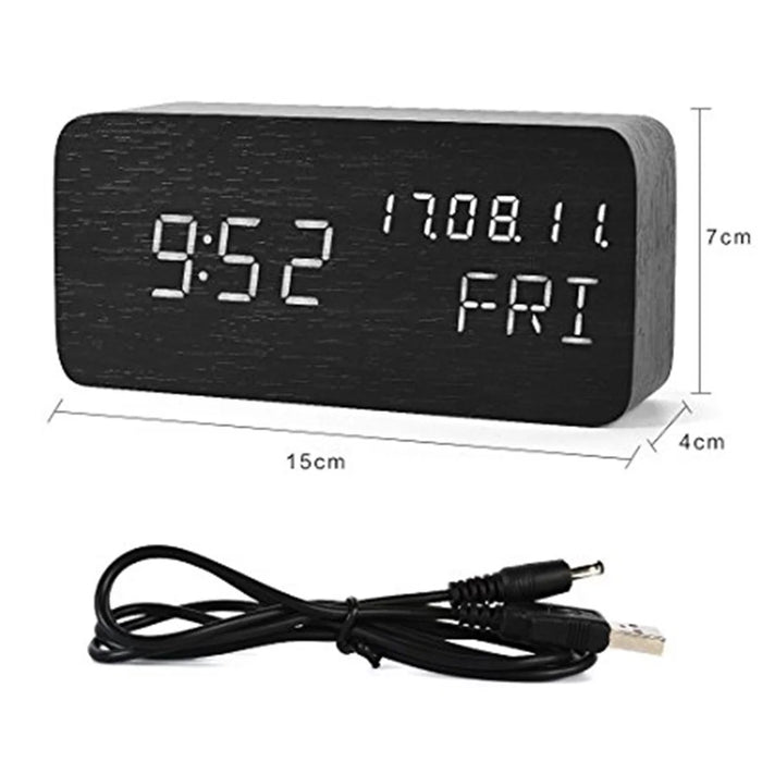 GREEN TIME LED Smart Voice Control Wood Alarm Clock with Calendar Temperature Time Display - Black - 5