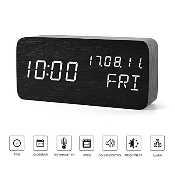 GREEN TIME LED Smart Voice Control Wood Alarm Clock with Calendar Temperature Time Display - Black - 6