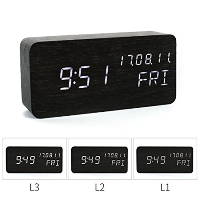 GREEN TIME LED Smart Voice Control Wood Alarm Clock with Calendar Temperature Time Display - Black - 7