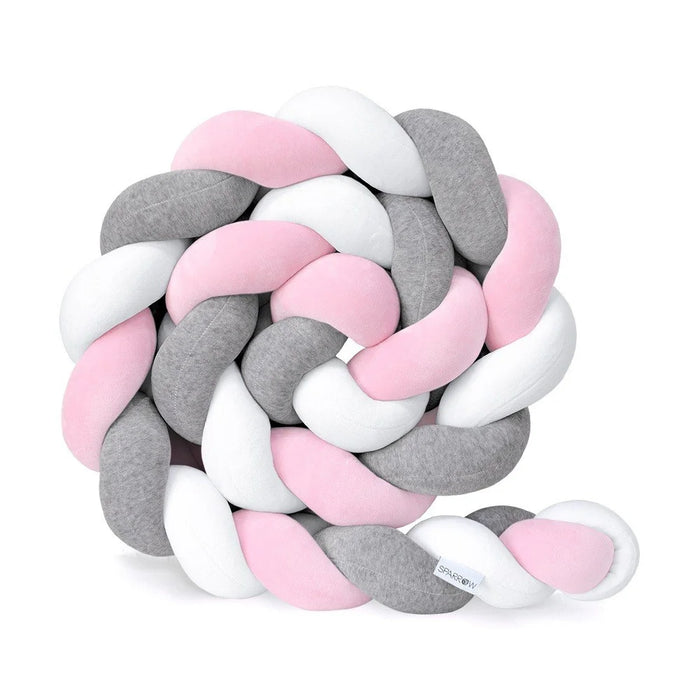 200cm Length Baby Bed Bumper Weaving Plush Baby Crib Protector - Grey/White/Pink - 1