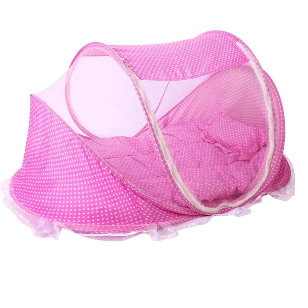 Baby Portable Folding Mosquito Net with Cotton-padded Mattress and Pillow - Pink - 1
