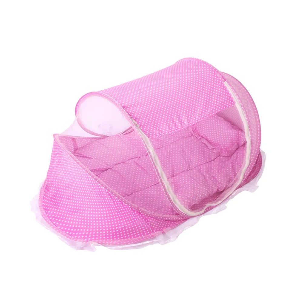 Baby Portable Folding Mosquito Net with Cotton-padded Mattress and Pillow - Pink - 3