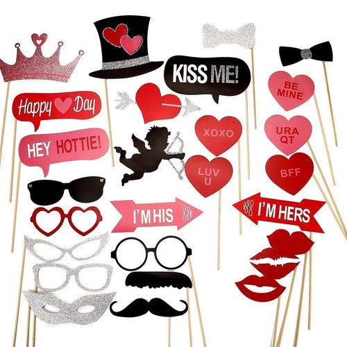 27PCS Photo Booth Props Mustache Heart Crown DIY Kit Gift for Wedding Birthday Christmas - 1