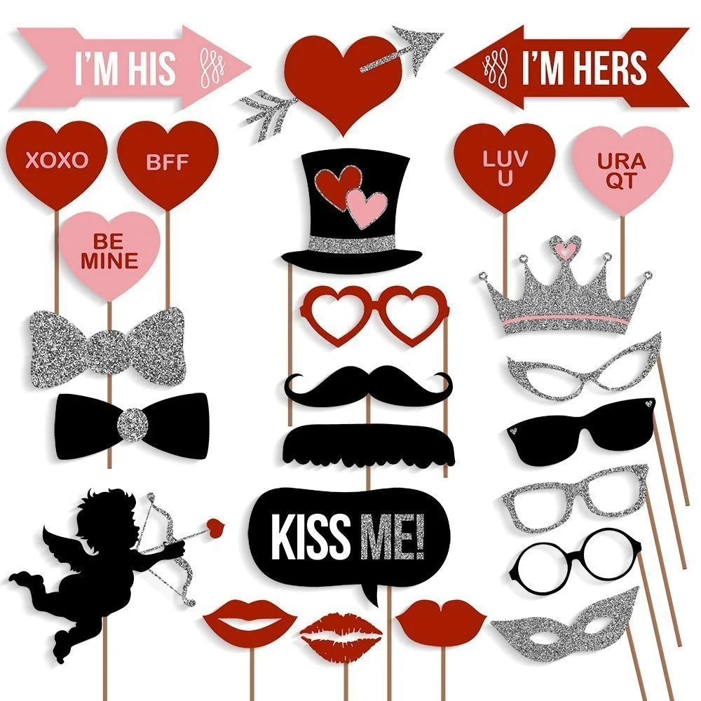 27PCS Photo Booth Props Mustache Heart Crown DIY Kit Gift for Wedding Birthday Christmas - 2