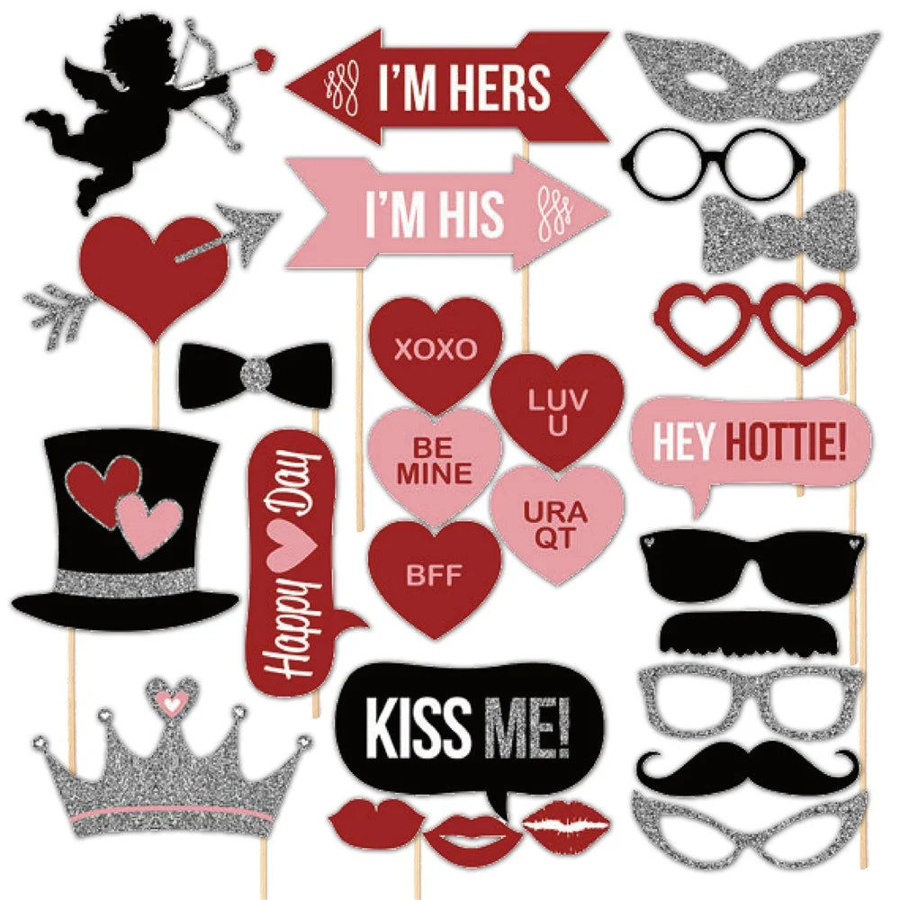 27PCS Photo Booth Props Mustache Heart Crown DIY Kit Gift for Wedding Birthday Christmas - 4