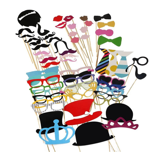 60PCS Photo Booth Props Mustache Glasses Crown DIY Kit Gift for Wedding Birthday Christmas - 1