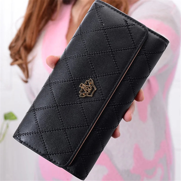 Women Lady Leather Crown Wallet Purse Clutch Holder Case Long Trifold Organizer - Black - 1