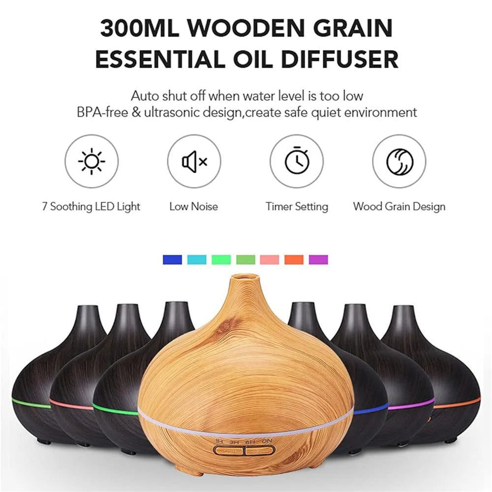 7-Color LED Light Essential Oil Mist Diffuser 300ml Wood Grain Aromatherapy Air Humidifier - Brown / EU Plug - 3