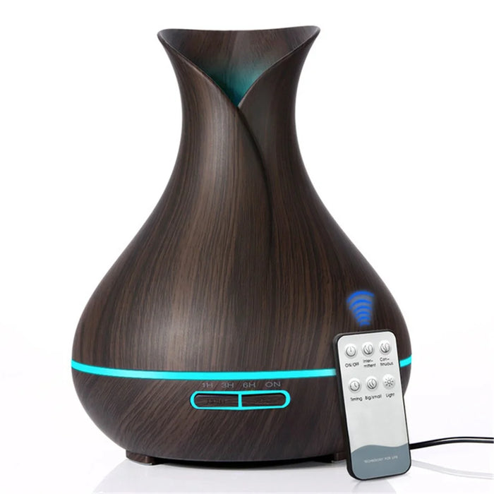 550ML Wood Grain Air Humidifier Vase Shape Mute Aroma Essential Oil Diffuser with Remote Control - Black / EU Plug - 1