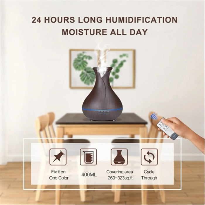 550ML Wood Grain Air Humidifier Vase Shape Mute Aroma Essential Oil Diffuser with Remote Control - Black / EU Plug - 3