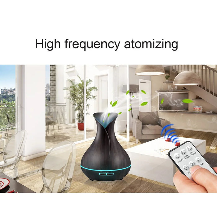 550ML Wood Grain Air Humidifier Vase Shape Mute Aroma Essential Oil Diffuser with Remote Control - Black / EU Plug - 7